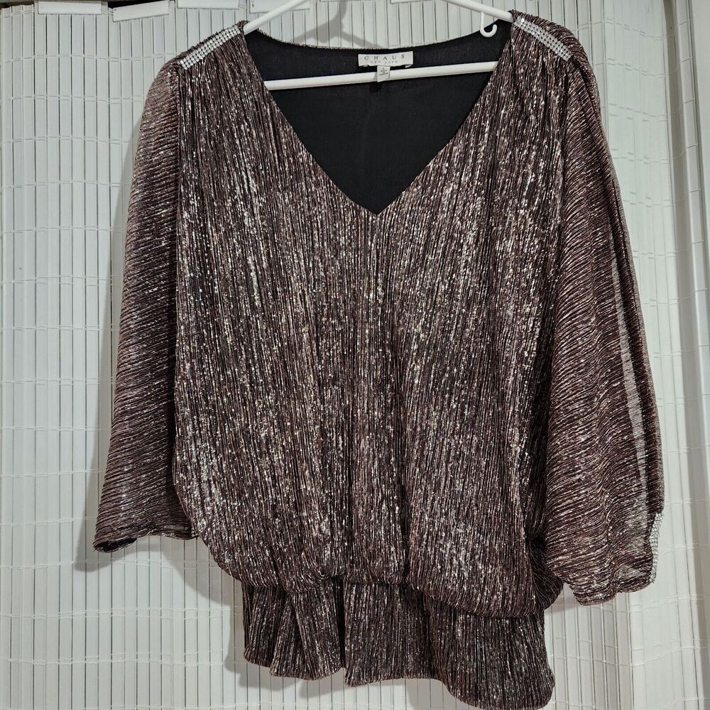 Chaus New York Blouse Large Color Brown Metallic Rhinestones Imitation